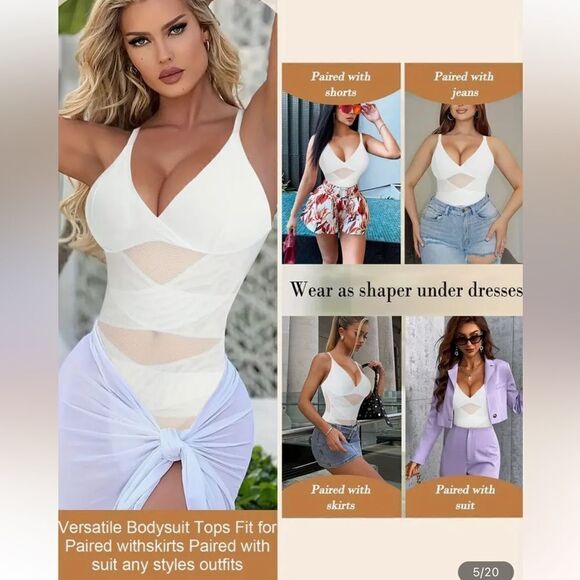 V-Neck Bodysuit Tummy Control Mesh Cross Slim Belly Body Shaper Waist Trainer - Picture 4 of 16